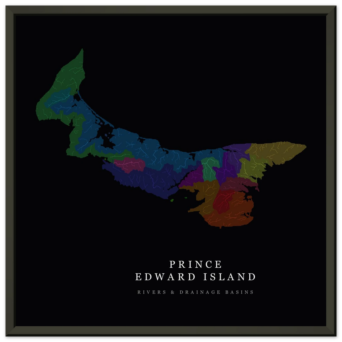 Prince Edward Island watershed map print, rivers coloured by drainage basin, in a black metal frame