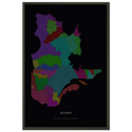 Quebec watershed map print, rivers coloured by drainage basin, in a black metal frame, close view