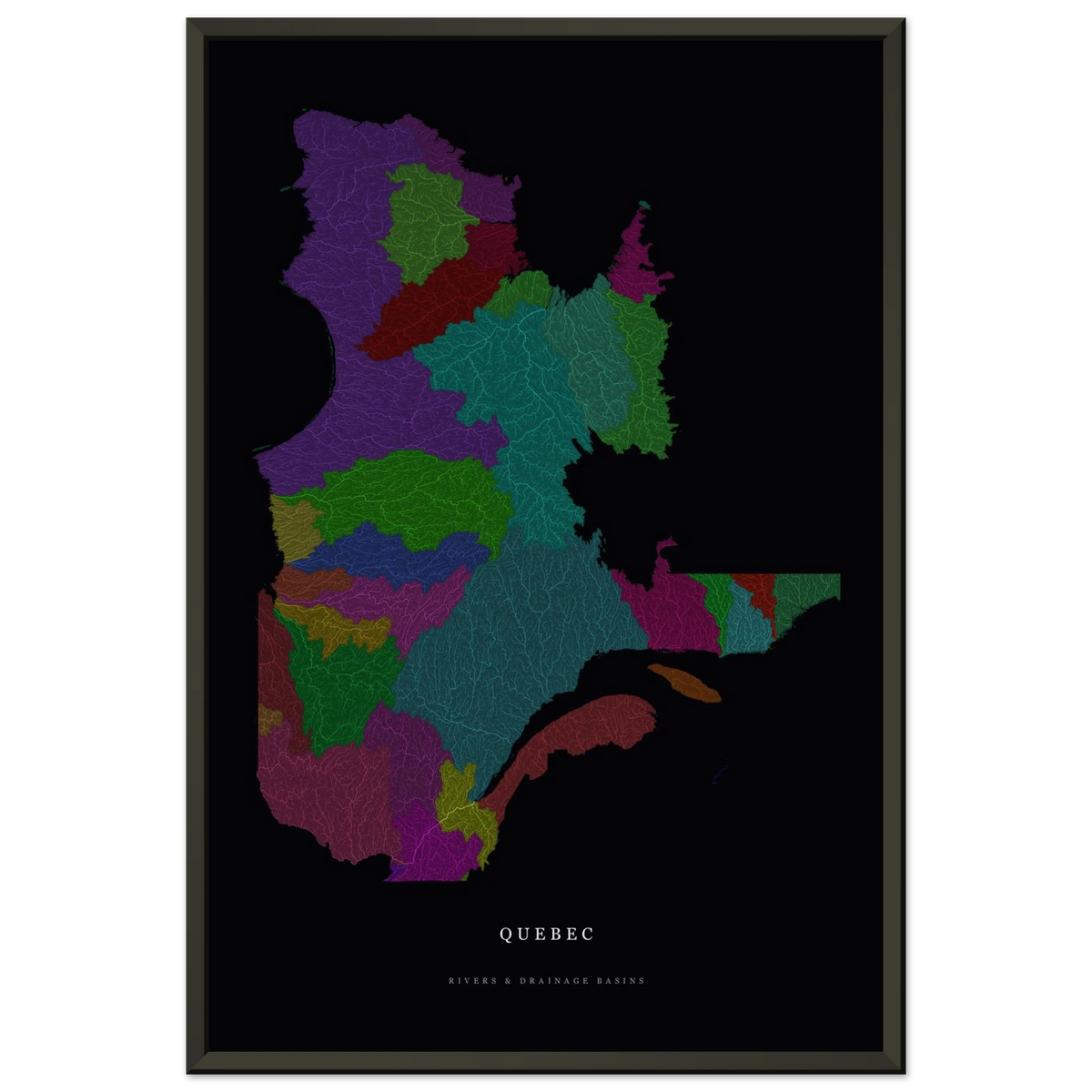 Quebec watershed map print, rivers coloured by drainage basin, in a black metal frame, close view