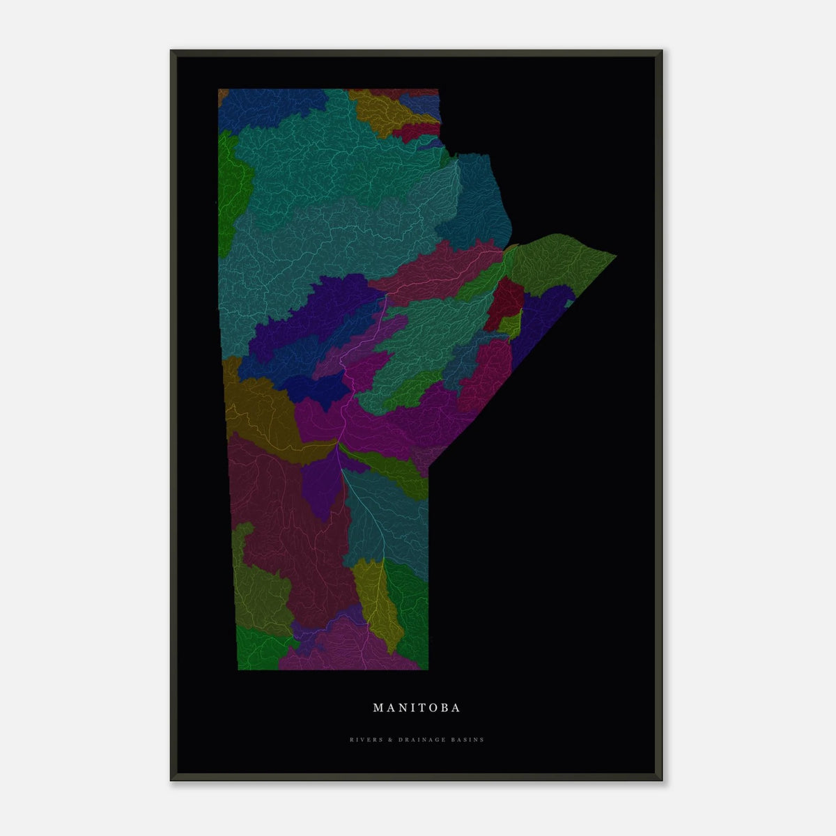 Manitoba watershed map print, rivers coloured by drainage basin, framed, shown against a pale wall