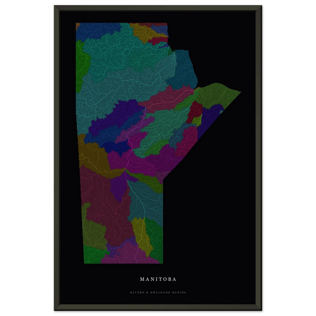 Manitoba watershed map print, rivers coloured by drainage basin, in a black metal frame, alternate view