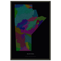 Manitoba watershed map print, rivers coloured by drainage basin, in a black metal frame, alternate view