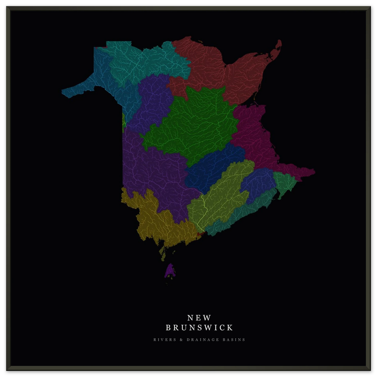 New Brunswick watershed map print, rivers coloured by drainage basin, in a black metal frame, alternate view