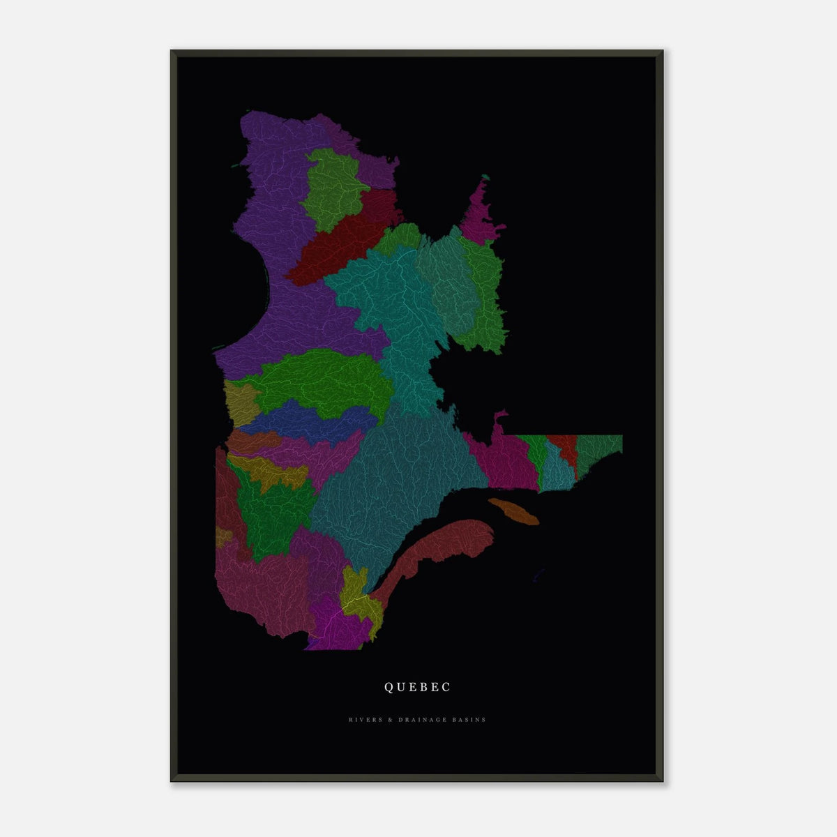 Quebec watershed map print, rivers coloured by drainage basin, framed, shown against a pale wall