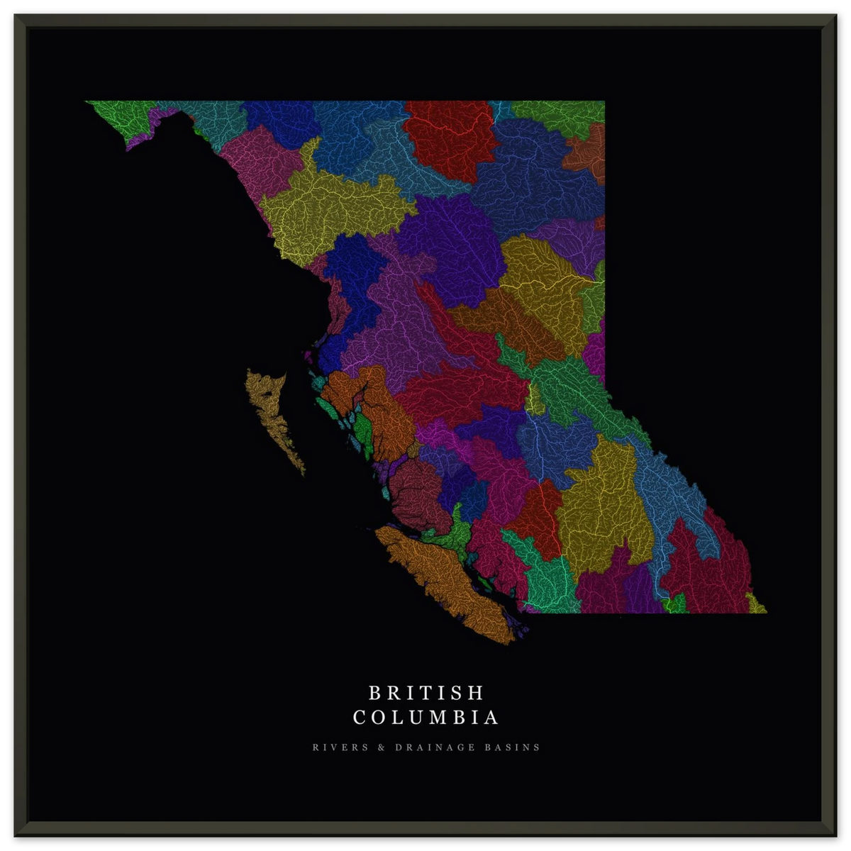 British Columbia watershed map print, rivers coloured by drainage basin, in a black metal frame, close view