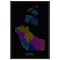 Northwest Territories watershed map print, rivers coloured by drainage basin, in a black metal frame, alternate view