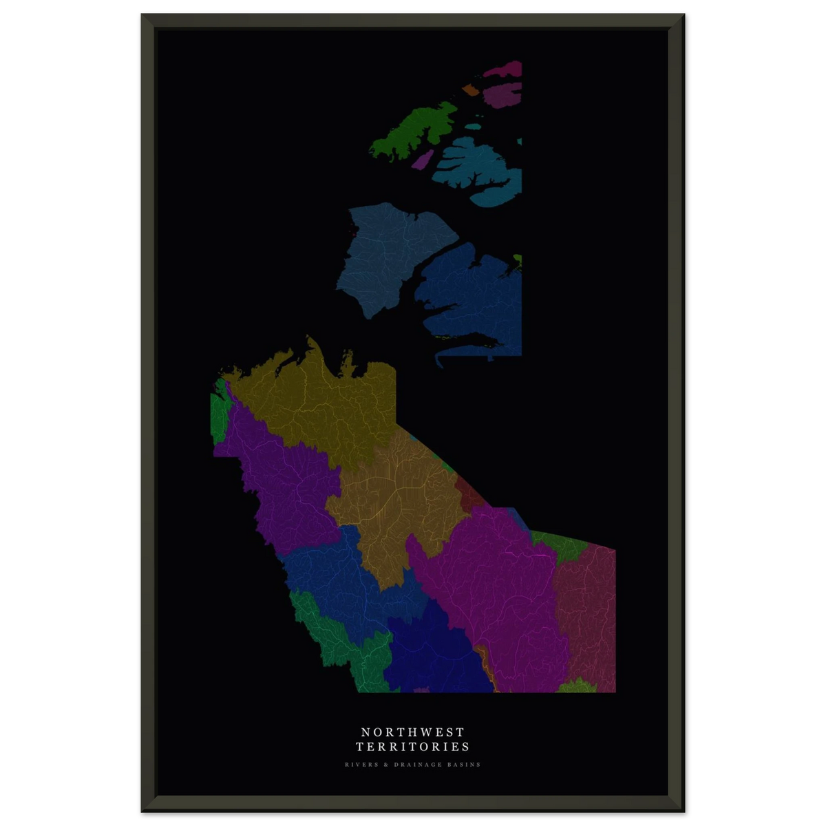 Northwest Territories watershed map print, rivers coloured by drainage basin, in a black metal frame, alternate view