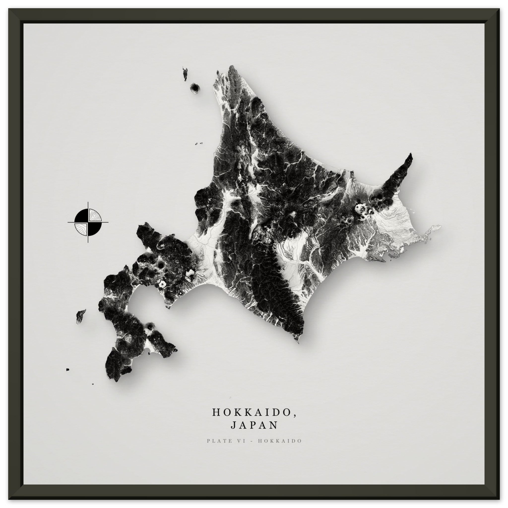 Hokkaido elevation relief print in a black frame