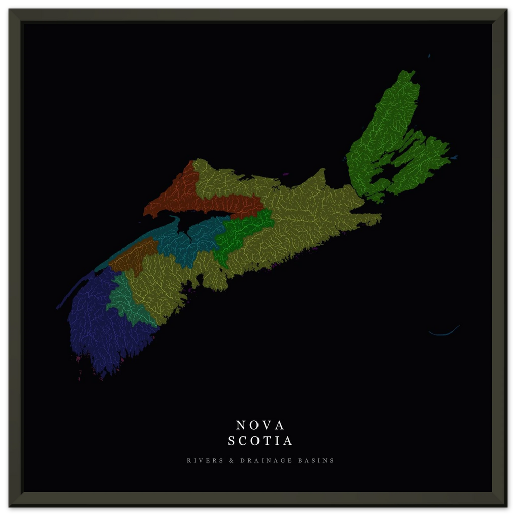 Nova Scotia watershed map print, rivers coloured by drainage basin, in a black metal frame