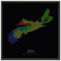 Nova Scotia watershed map print, rivers coloured by drainage basin, in a black metal frame