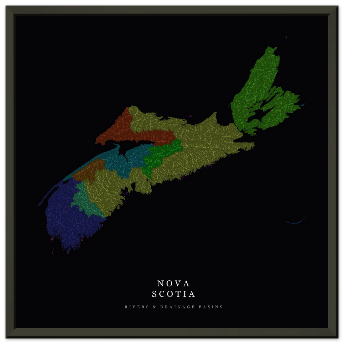Nova Scotia watershed map print, rivers coloured by drainage basin, in a black metal frame