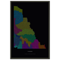 Yukon watershed map print, rivers coloured by drainage basin, in a black metal frame, close view