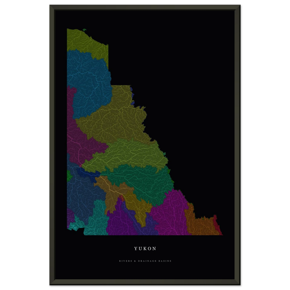 Yukon watershed map print, rivers coloured by drainage basin, in a black metal frame, close view