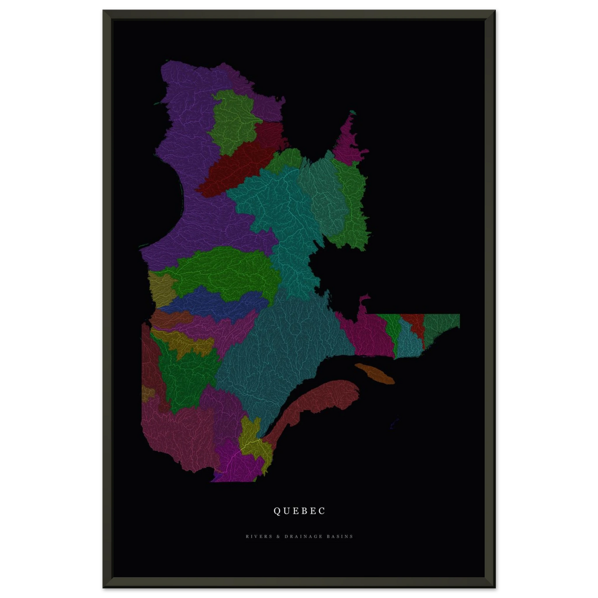 Quebec watershed map print, rivers coloured by drainage basin, in a black metal frame, alternate view