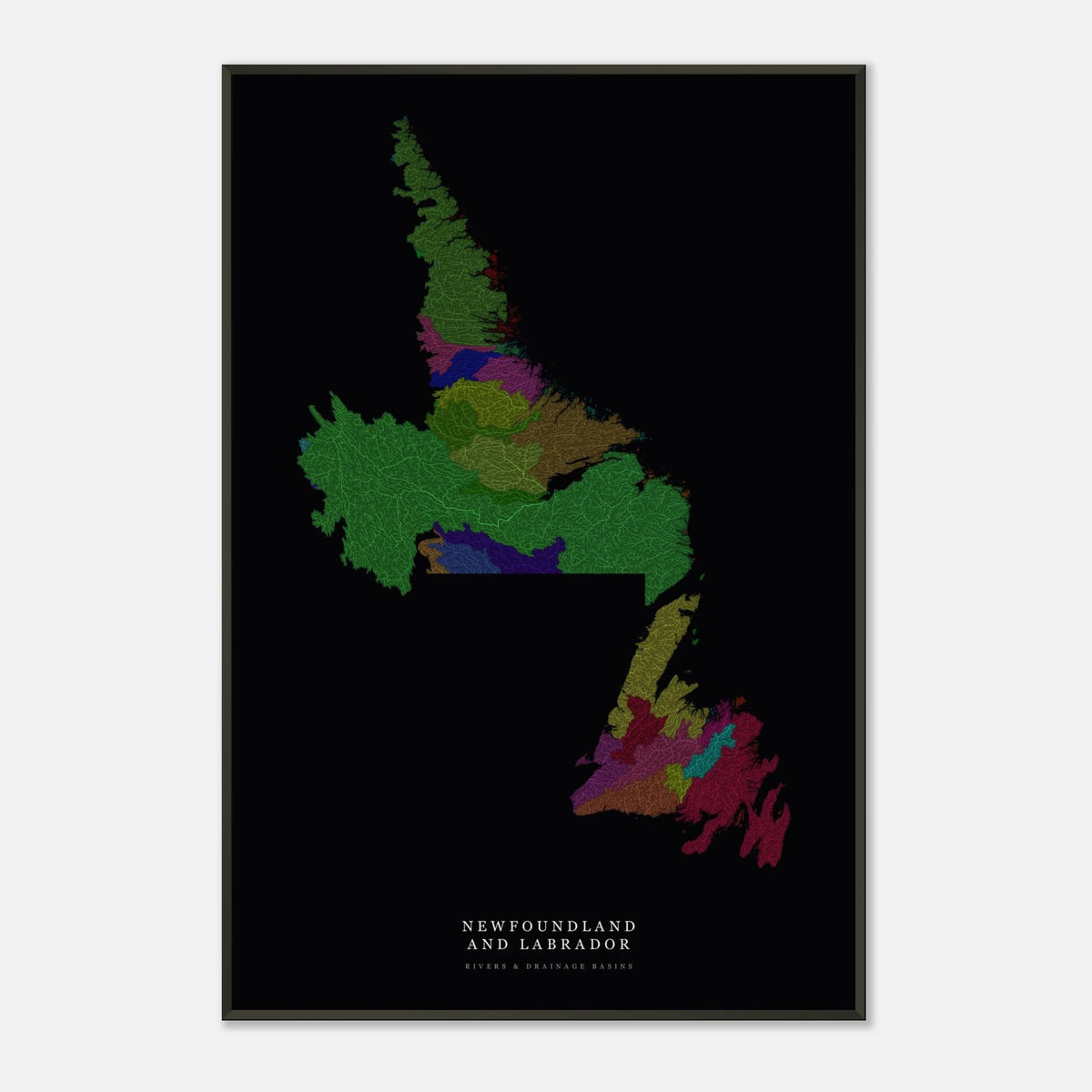 Newfoundland and Labrador watershed map print, rivers coloured by drainage basin, framed, shown against a pale wall
