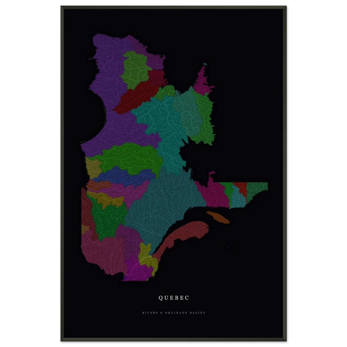 Quebec watershed map print, rivers coloured by drainage basin, in a black metal frame