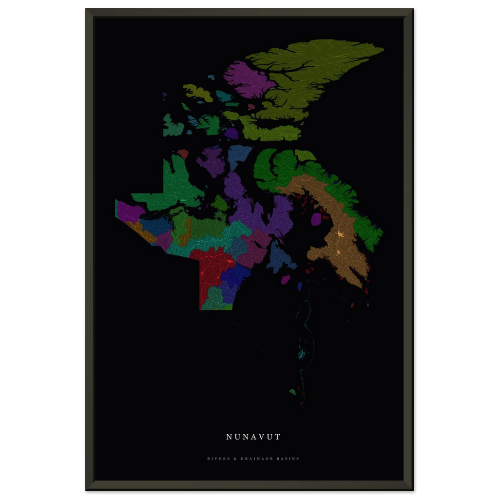 Nunavut watershed map print, rivers coloured by drainage basin, in a black metal frame, close view