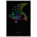 Nunavut watershed map print, rivers coloured by drainage basin, in a black metal frame, close view