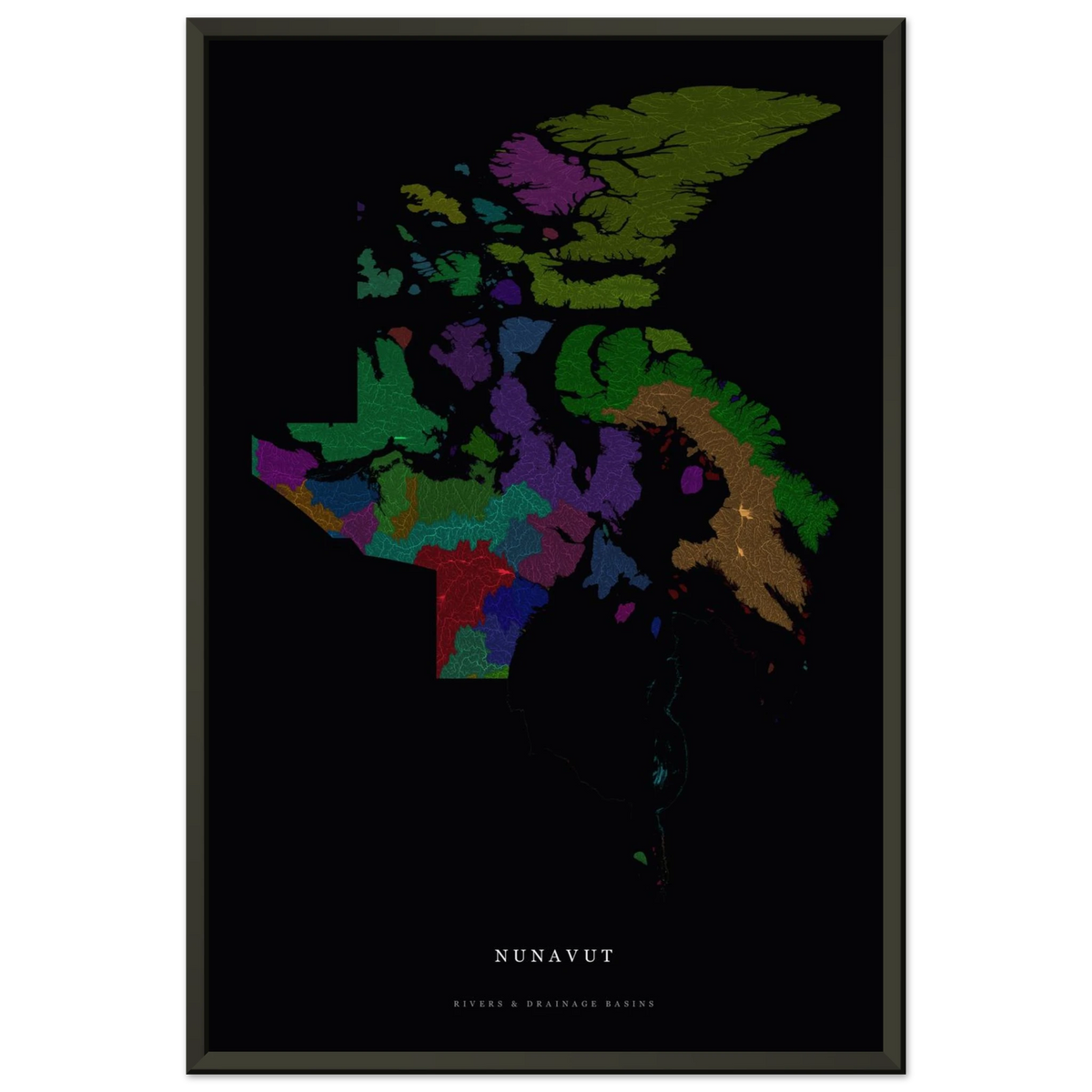 Nunavut watershed map print, rivers coloured by drainage basin, in a black metal frame, close view