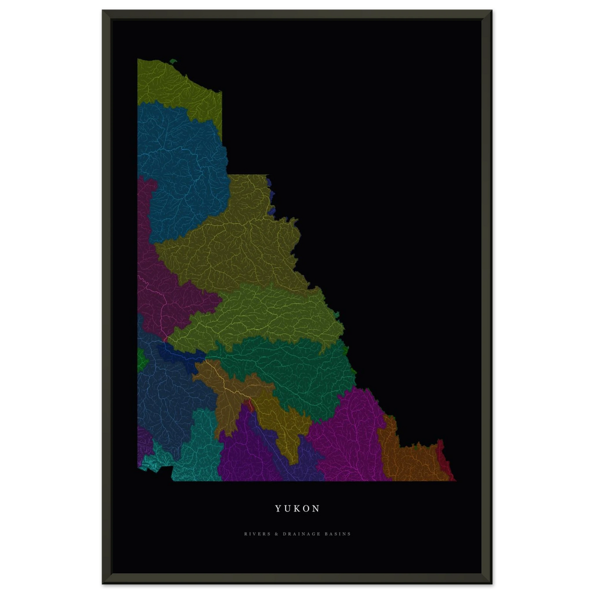 Yukon watershed map print, rivers coloured by drainage basin, in a black metal frame, alternate view