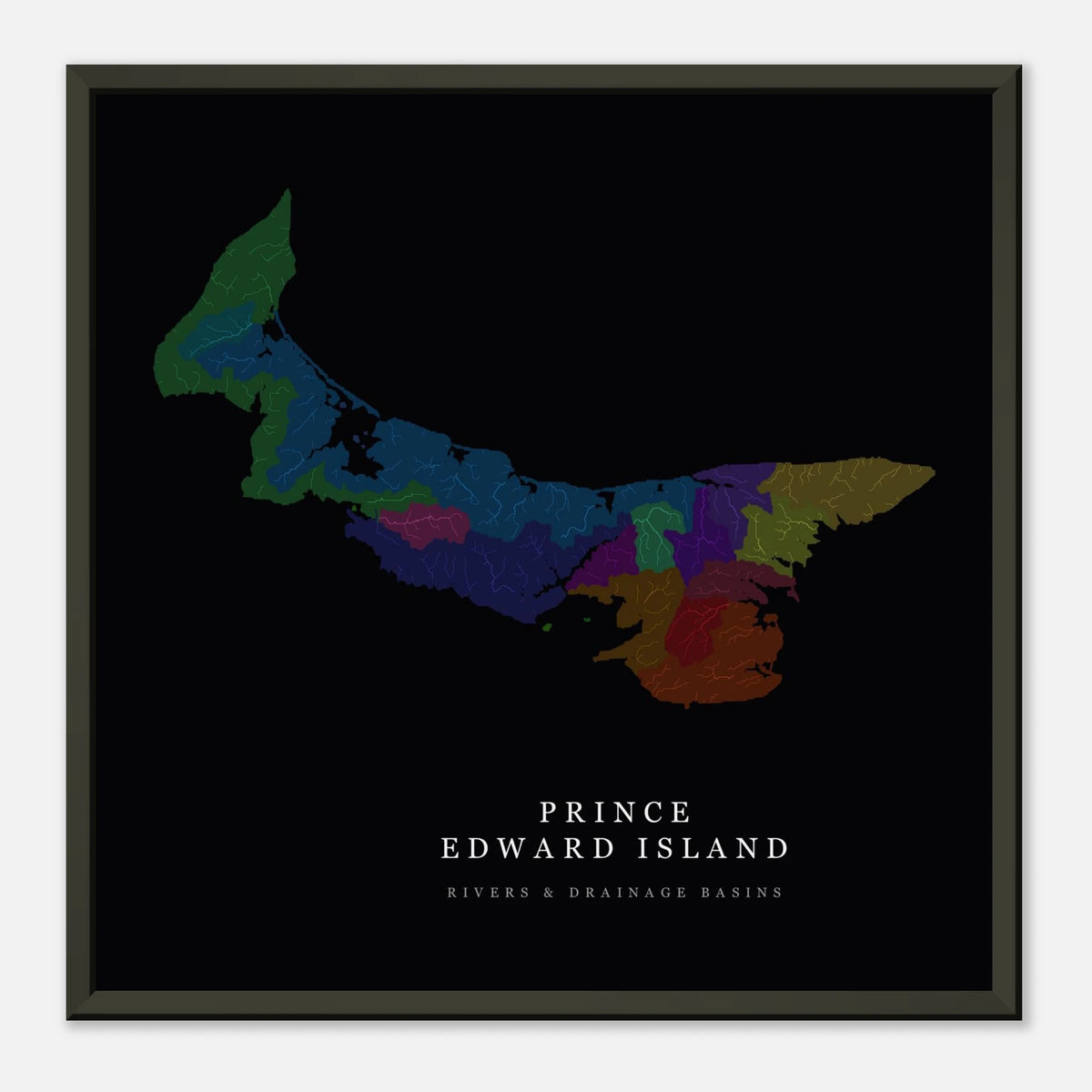 Prince Edward Island watershed map print, rivers coloured by drainage basin, framed, shown against a pale wall
