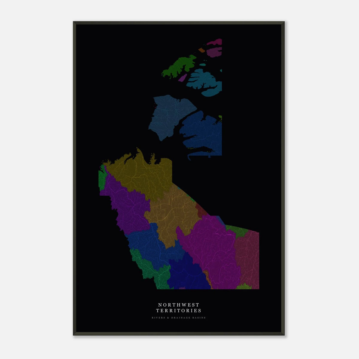 Northwest Territories watershed map print, rivers coloured by drainage basin, framed, shown against a pale wall